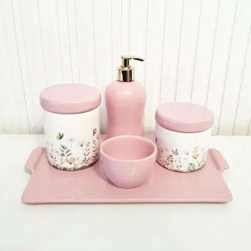 Kit Higiene Bebê Jardim Encantado Floral Rosa Bebê + Reta