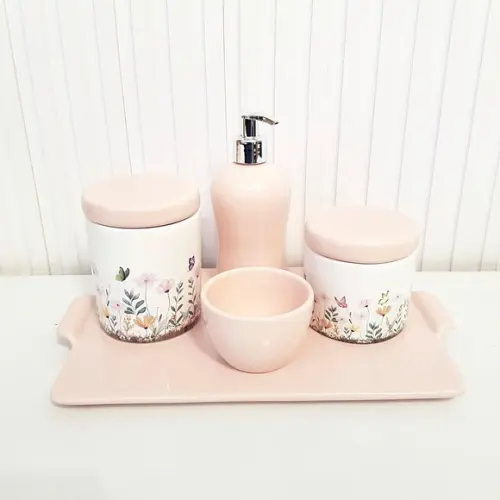 Kit Higiene Bebê Jardim Encantado Floral Rosé + Bandeja Reta