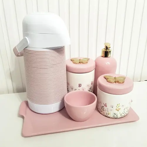 Kit Higiene Bebê Jardim Encantado Rosa - Reta + Alinhavada