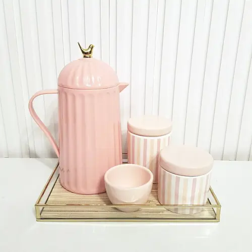 Kit Higiene Bebê Menina 20x30cm Listras Rosa Rosé e Dourado