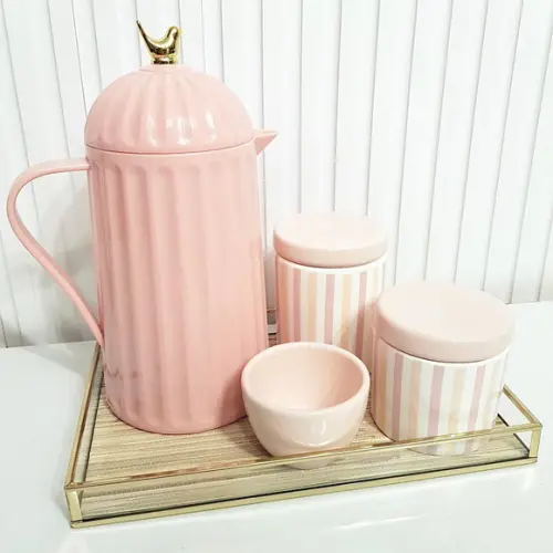 Kit Higiene Bebê Menina 20x30cm Listras Rosa Rosé e Dourado