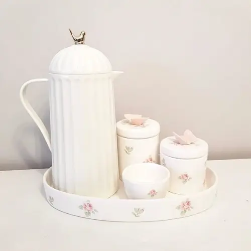 Kit Higiene Bebê Menina Floral Branco e Rosa - Térmica Bird