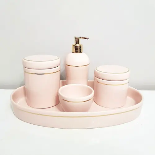 Kit Higiene Bebê Menina Rosé c/ Filete Dourado -bandeja Oval