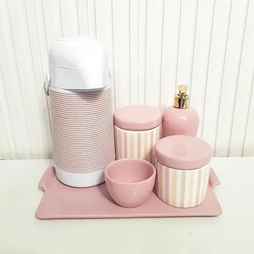 Kit Higiene Bebê Menina Listras Rosa - Reta + Alinhavada