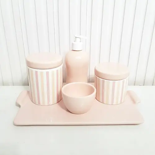 Kit Higiene Bebê Menina Listras Rosa Rosé - Bandeja Reta
