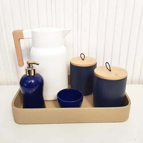 Kit Higiene Bebê Menino Azul Marinho Escuro Bege e Branco