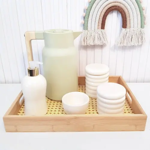 Kit Higiene Bebê Ondulado Creme e Menta - Bandeja Palhinha