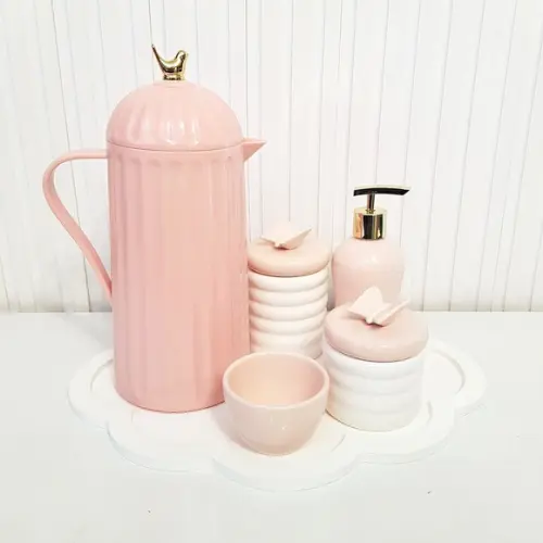 Kit Higiene Bebê Rosé e Branco Ondulado - Band. Nuvem + Bird