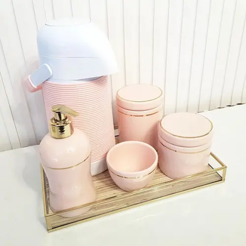 Kit Higiene Bebê Rosé Filete Dourado - Bandeja Fundo Palha