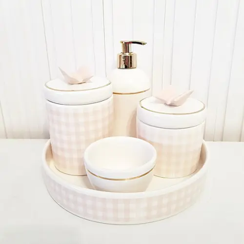 Kit Higiene Bebê Xadrez Rosa Branco Dourado Bandeja Redonda