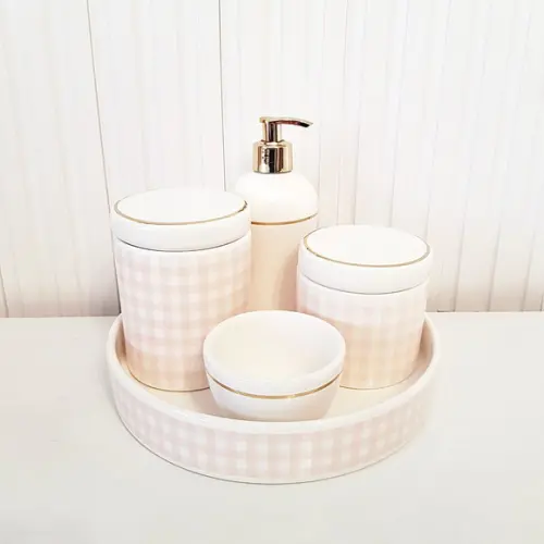 Kit Higiene Bebê Xadrez Rosa Branco Dourado Bandeja Redonda