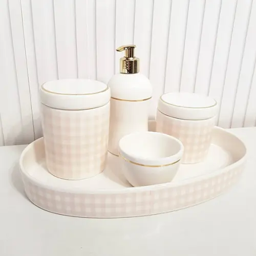 Kit Higiene Bebê Xadrez Rosa Branco Dourado - Oval