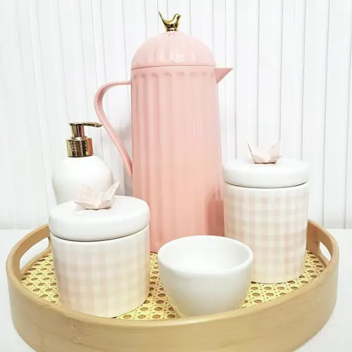 Kit Higiene Bebê Xadrez Rosa e Branco Borboleta - Térm. Bird