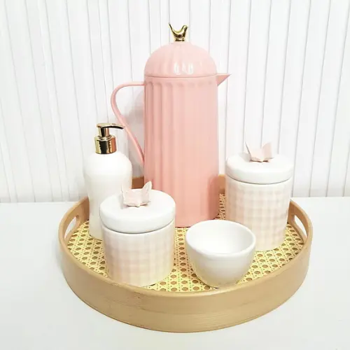 Kit Higiene Bebê Xadrez Rosa e Branco Borboleta - Térm. Bird