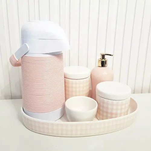Kit Higiene Bebê Xadrez Rosa e Branco - Térm. Alinhavada