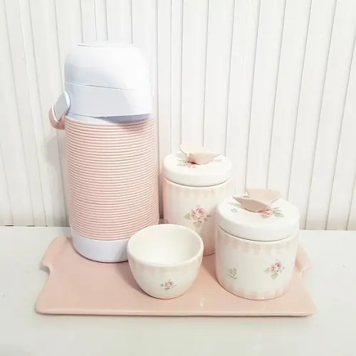 Kit Higiene Bebê Xadrez Vichy Rosa Rosé + Floral Band. Reta