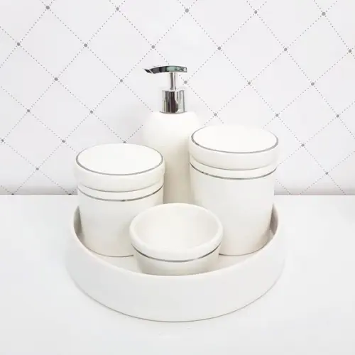Kit Higiene Branco com Filete Prata - Bandeja Cerâmica