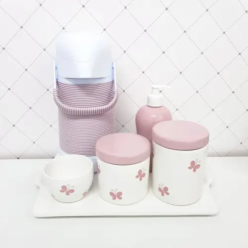 Kit Higiene Branco e Rosa Bebê Borboleta - Bandeja Reta