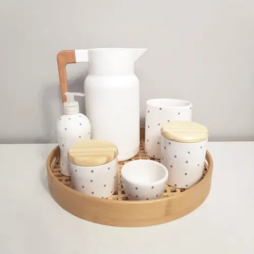 Kit Higiene Branco com Poás Cinzas Completo - Bandeja Bambu
