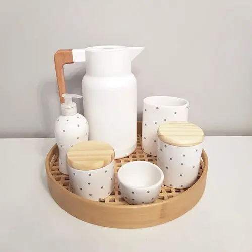 Kit Higiene Branco com Poás Cinzas Completo - Bandeja Bambu