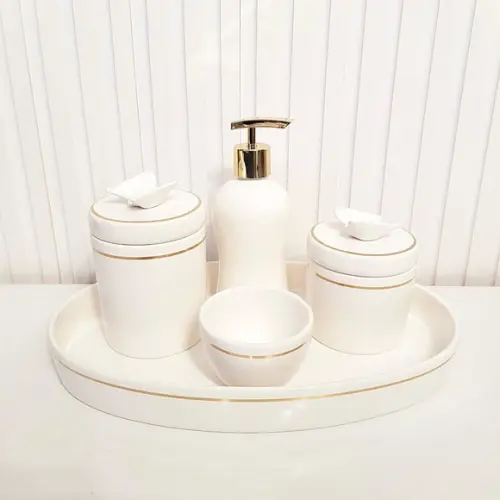 Kit Higiene Branco Filete Dourado Borboleta - Bandeja Oval