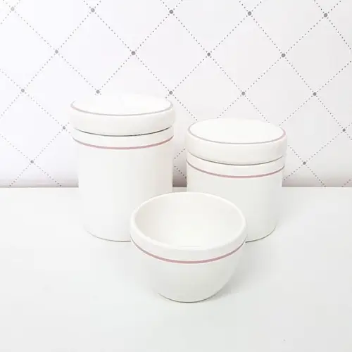 Kit Higiene Cerâmica Branca com Filete Rosa - 3 Peças