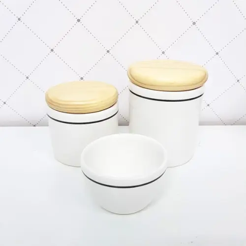 Kit Higiene Cerâmica Branca com Filete Preto - 3 Peças Pinus