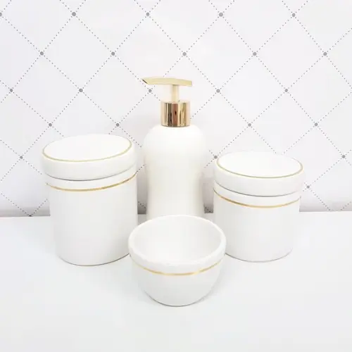 Kit Higiene Cerâmica Branca com Filete Dourado - 4 Peças