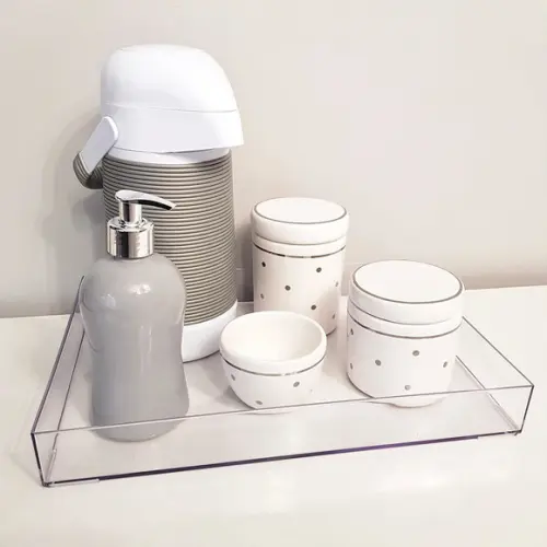 Kit Higiene Cinza e Branco com Poás Prata - Transparente