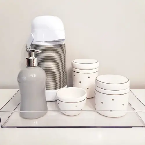 Kit Higiene Cinza e Branco com Poás Prata - Transparente