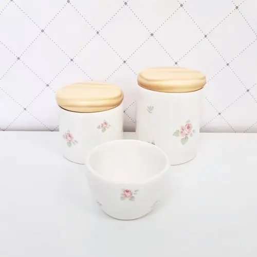 Kit Higiene Floral 3 Peças - Tampinha de Madeira