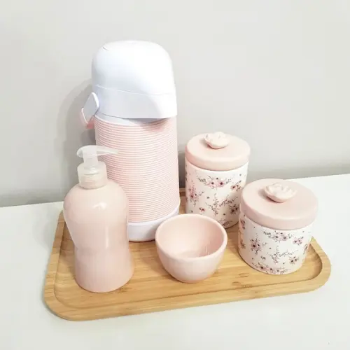 Kit Higiene Floral Cerejeira e Rosa Rosé - Bandeja Bambu
