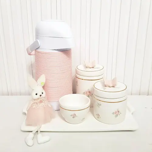 Kit Higiene Floral Rosé Filete Dourado Borboleta -alinhavada