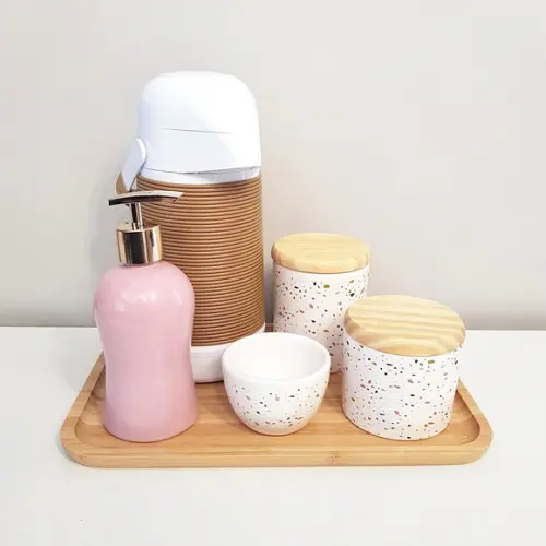Kit Higiene Granilite Rosa Bebê e Caramelo - Térm Alinhavada