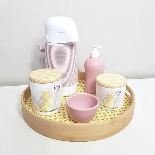 Kit Higiene Gatinho Rosa Bebê e Amarelo - Bandeja Palhinha