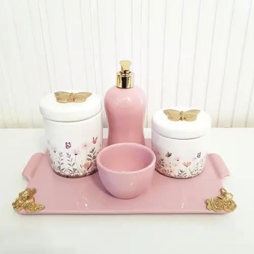Kit Higiene Jardim Encantado Floral Rosa Detalhes Dourados