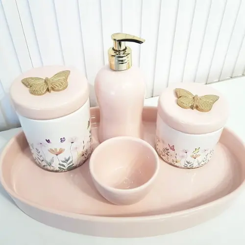 Kit Higiene Jardim Encantado Borboleta Dourado e Rosé - Oval
