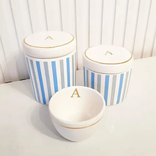 Kit Higiene Personalizado 3 Pçs Listras Azul Filete Dourado