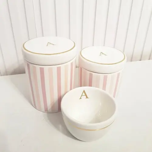 Kit Higiene Personalizado 3 Pçs Listras Rosa Filete Dourado