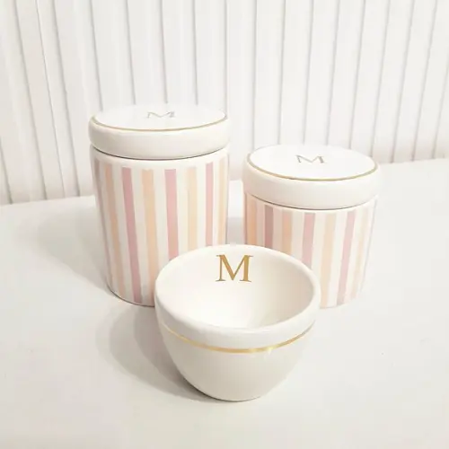 Kit Higiene Personalizado 3 Pçs Listras Rosa Filete Dourado