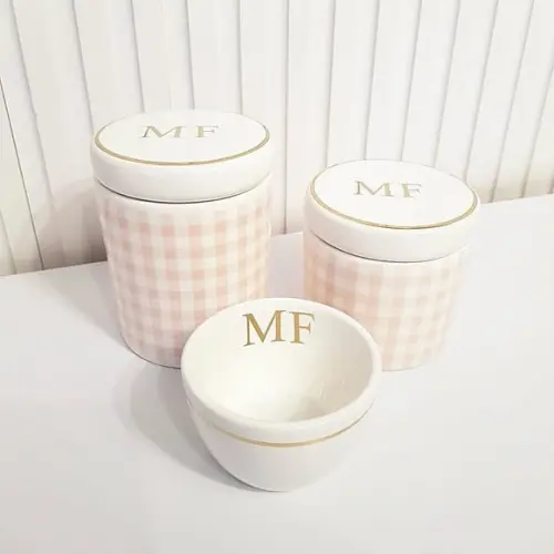 Kit Higiene Personalizado 3 Pçs Xadrez Rosa Filete Dourado 2