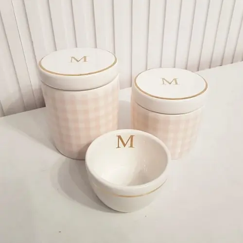 Kit Higiene Personalizado 3 Pçs Xadrez Rosa Filete Dourado