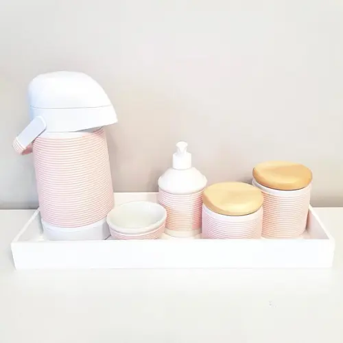 Kit Higiene Porcelana com Alinhavado Rosé - Bandeja 16x45cm