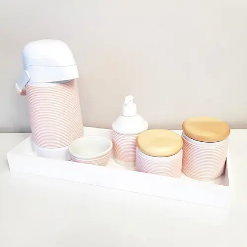 Kit Higiene Porcelana com Alinhavado Rosé - Bandeja 16x45cm