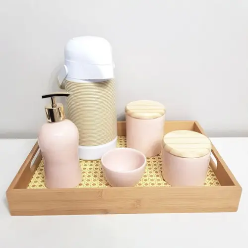 Kit Higiene Rosa Rosé e Bege - Bandeja Palhinha