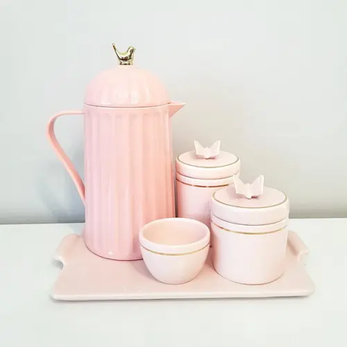 Kit Higiene Rosé com Filete Dourado Borboleta - Bandeja Reta