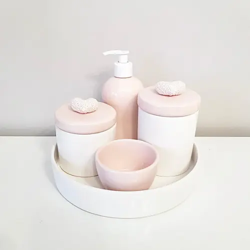 Kit Higiene Rosé e Branco Cerâmica - Aplique Crochê