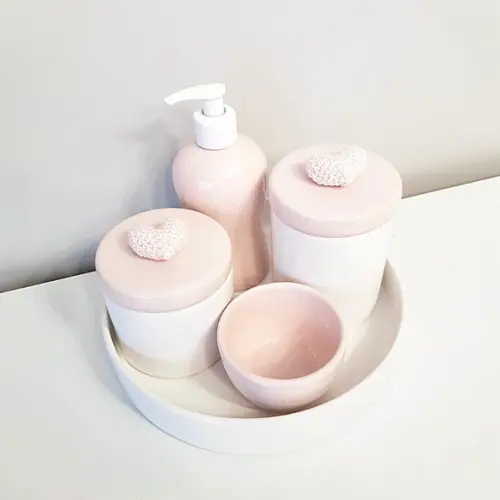 Kit Higiene Rosé e Branco Cerâmica - Aplique Crochê