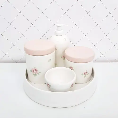 Kit Higiene Rosé e Branco Floral Cerâmica