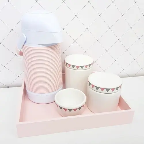 Kit Higiene Varalzinho Cinza e Rosa com Térmica Alinhavada